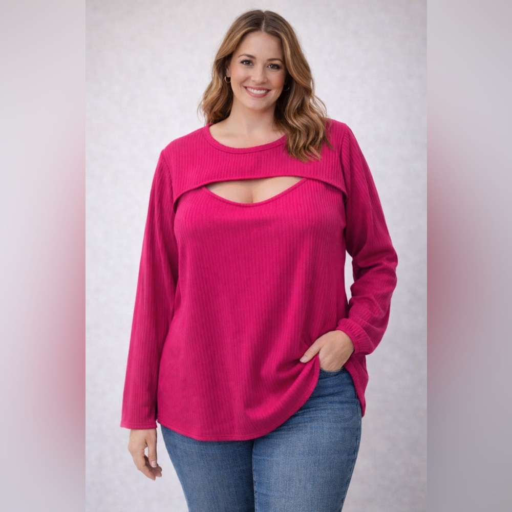 Terra & Sky Plus Size 2X Fuchsia Cutout Long Sleeve Top